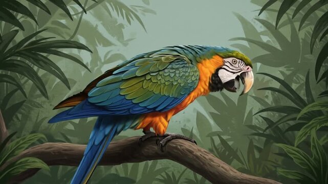 Vibrant parrot with colorful plumage perched on a branch amidst lush jungle foliage
