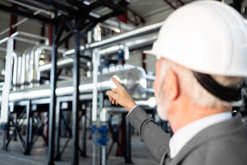 Engineer in hard hat pointing during factory inspection