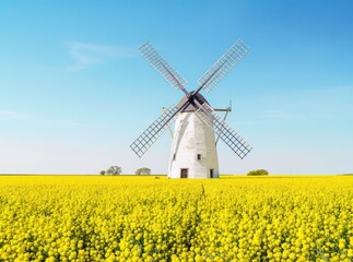 Scenic Windmill Surrounded by Bright Yellow Rapeseed Fields in Spring