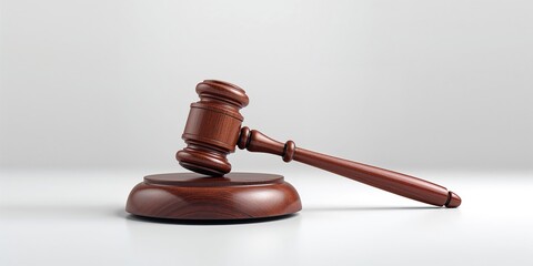 Wooden judges gavel placed on a surface, highlighting judicial decision-making and courtroom authority, justice day