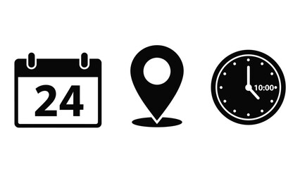 Calendar location pin and clock icons representing scheduling and time management