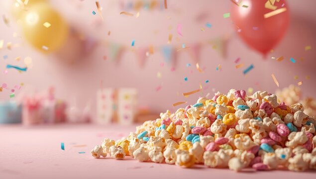 Colorful rainbow popcorn on a children's party table, fun snack for celebrations