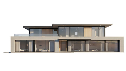 Modern luxury villa with large glass windows and flat roof architecture isolated on transparent background