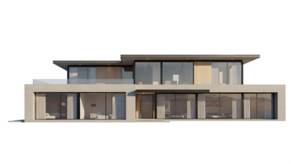 Modern luxury villa with large glass windows and flat roof architecture isolated on transparent background