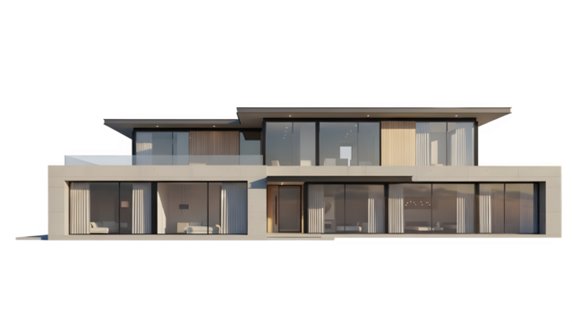 Modern luxury villa with large glass windows and flat roof architecture isolated on transparent background - Powered by Adobe