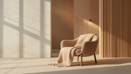 Textured fabric covering a comfortable chair with blanket in indoor environment, ideal for editorial header backgrounds