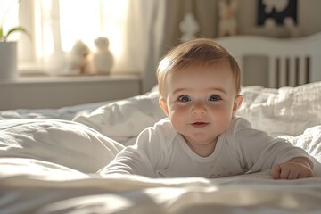 Fototapeta premium A young baby with bright eyes lying on a bed in a cozy bedroom illuminated by natural sunlight