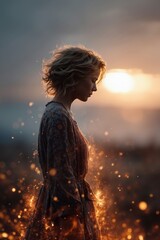 A woman in a dress standing in front of a sunset