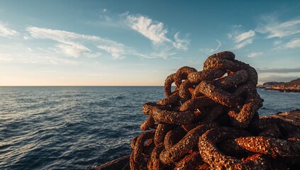 Corroded metal chains positioned by the sea under a bright sky, illustrating weathering and salt exposure