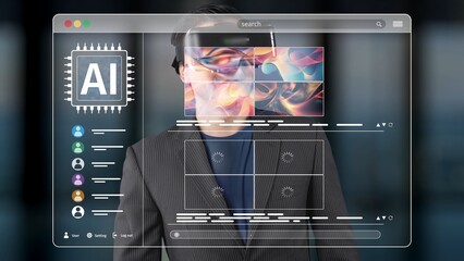 A professional man interacts with a futuristic AI interface in a sleek workspace, blending technology and creativity to showcase the digital future of business. Raster