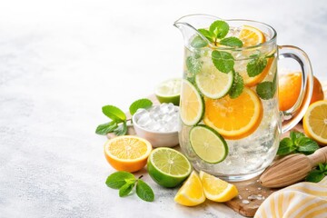 Fototapeta premium Citrus fruit infused freshwater with copy space for text
