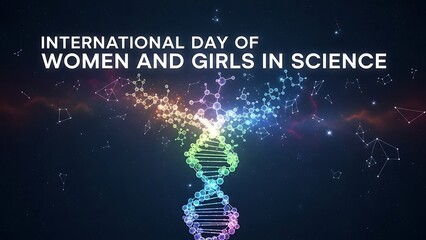 International day of women and girls in science celebration with dna helix and colorful particles on dark background