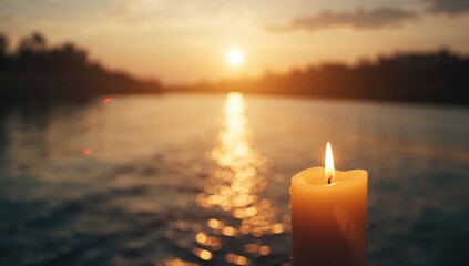 Reflective river scene illuminated by warm candle light bokeh, golden sunset sky, spiritual serenity at dusk