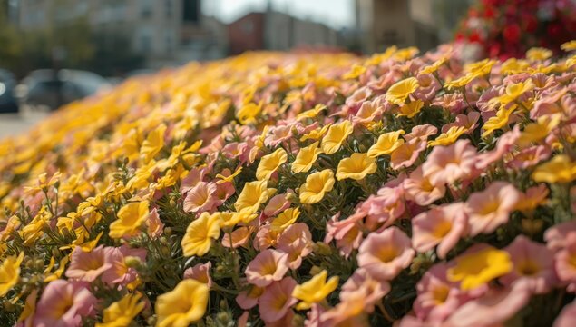 Colorful flower arrangement featuring yellow petunias and pink million bells, ideal for editorial header backgrounds