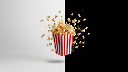 Popcorn overflowing from a cardboard container, suitable for layout or advertisement backgrounds