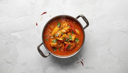 Thai red chicken curry with vegetables in cooking pan, highlighting spicy flavor profile and cooking process