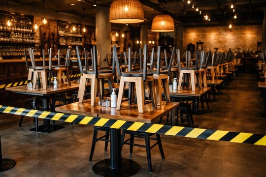 Quiet restaurant space displaying stacked seating arrangements amid Covid 19