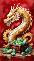 Obraz premium Golden Dragon Guarding Emeralds