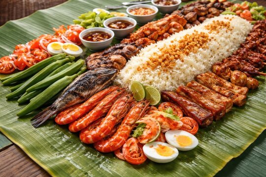 Assorted boodle fight meal with boiled okra and tomato shown in profile
