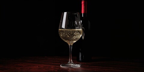 A single white wine glass illuminated against a dark backdrop highlighting beverage transparency and hue, ideal for UI design backgrounds