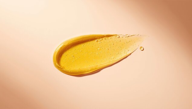 Liquid gel with yellow vitamin C and E oils, featuring a cream with bubbles and smudge, skincare product, World Skin Awareness Day