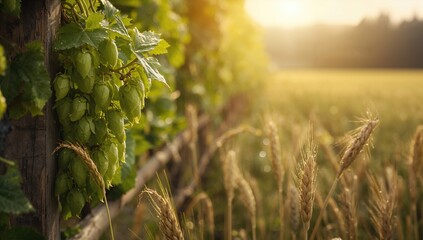 Green hops, malt, ears of barley and wheat grain in a farming environment, ingredients for beer and bread production, Earth Day