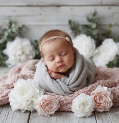 A baby sleeping on a blanket surrounded by white flowers