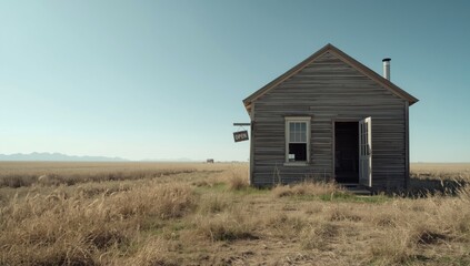 A deserted small rural house with worn wooden walls amid wild vegetation and clear sky, highlighting rural abandonment and erosion risk
