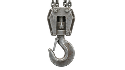 Heavy duty industrial lifting hook and chain assembly isolated on transparent background