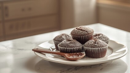 Freshly baked chocolate muffins with powdered sugar coating, ideal for bakery display or casual treat, National Baking Week