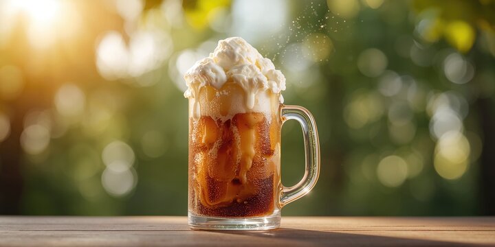 Root beer float presented with a green tree backdrop, highlighting a chilled summer beverage