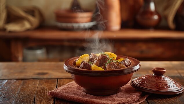 Lamb and quice tagine prepared in a traditional open tagine pot on rustic wooden table, regional cuisine