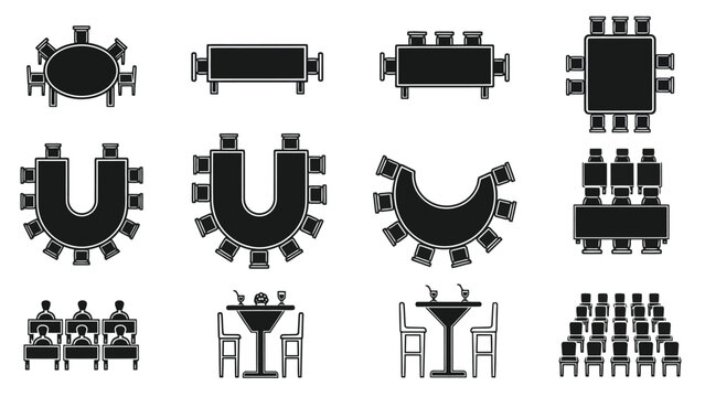 Various table arrangements and seating plans illustrated in a black and white style