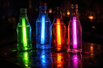 Luminous glow sticks inside bottles casting vivid colorful light