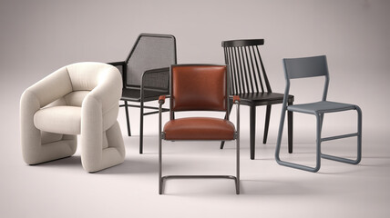 Fototapeta premium Luxury dining chairs collection in ultra-detailed 8K, elegant fabrics and metals, modern minimalist layout, high-contrast studio lighting, trending furniture visuals