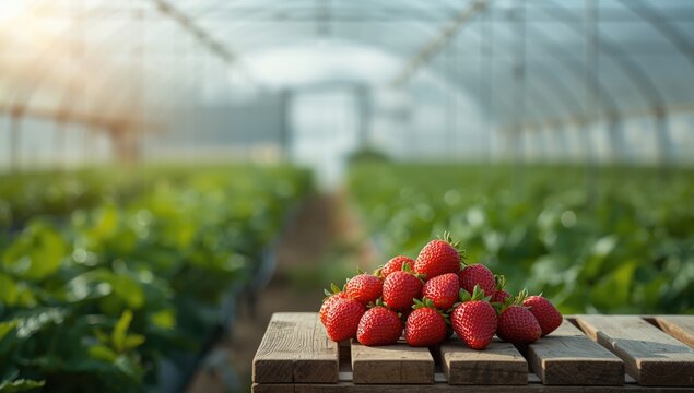 Fresh strawberries from a modern agricultural setup at Da Lat, Vietnam, highlighting vitamin-rich fruit, Food & Drink