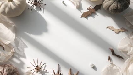 Simple Halloween decorations with spiders and bats arranged on a white surface for festive ambiance
