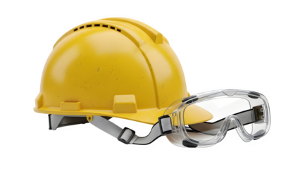 Yellow safety hard hat and protective goggles isolated on transparent background