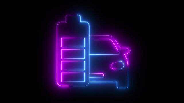 Glowing neon car battery icon isolated on black background. Rechargeable battery. Accumulator battery energy power and electricity. depicting a car battery icon animation. 4k video animation.