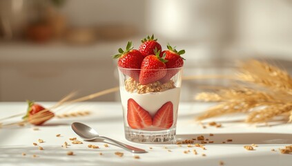 Fresh strawberries in a glass with milk for a wholesome breakfast, summer produce, highlighting healthy eating
