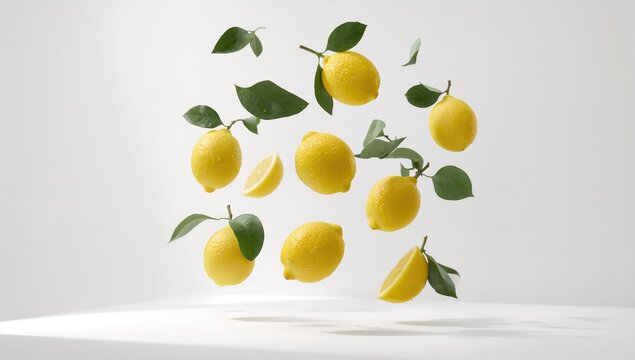 Raw lemons with green leaves drifting in space, illustrating fruit handling techniques, World Lemon Day