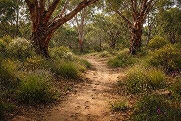 Fototapeta premium Native vegetation under red gum trees with wildlife footprints