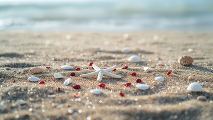 Textured seaside background with starfish shells and red glass pebbles on sand, suitable for UI backdrop