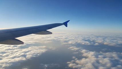Fototapeta premium Above the clouds a serene aerial view from an airplane window showcasing the vast expanse of the sky and fluffy clouds