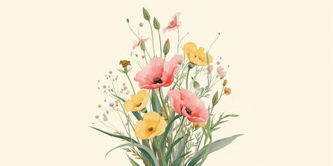 Watercolor arrangement of field wild flowers and plants, ideal for editorial header backgrounds, Earth Day