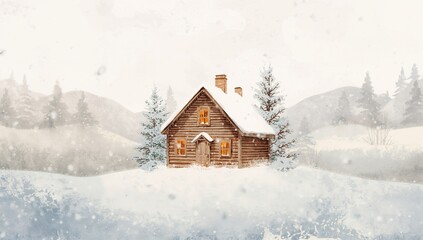 Hand-painted cozy village house surrounded by snow, suitable for winter greeting card layouts