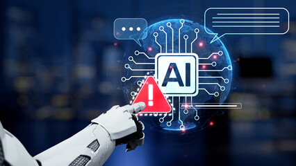 A futuristic representation of artificial intelligence showing a robot hand pointing at a warning sign, surrounded by communication bubbles in a digital landscape. Synapse
