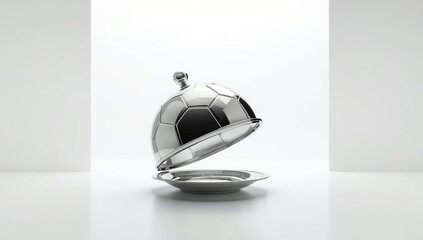 Soccer ball-themed restaurant cloche, used for food service in a sports-themed dining setting.