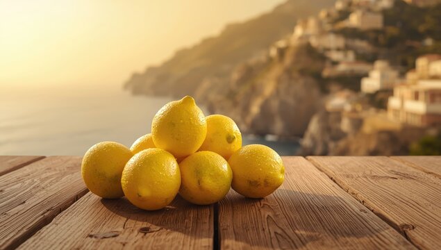 Lemons with vivid yellow hue on Amalfi-inspired textured background, highlighting natural food ingredients and colorfulness, World Food Day