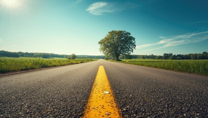 Fototapeta premium Road with yellow line markings, summer outdoor setting, travel and nature scene, landscape with trees and land, construction area